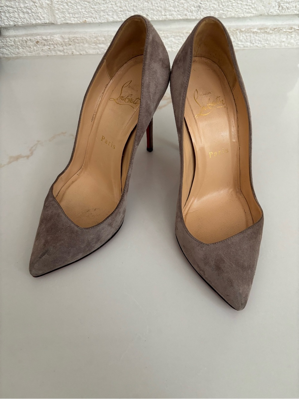 Christian Louboutin Taupe Suede Pointed-Toe Pumps with Red Soles